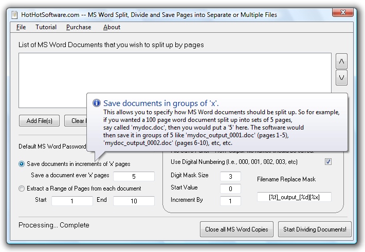 Screenshot of Get MS Word Split, Divide and Save Pages into Separate or Multiple Files Software 9.0