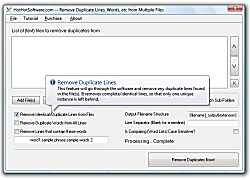 Click for a larger image of the Remove or delete duplicate lines or duplicate words from multiple files software!