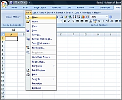 Screenshot of Get Excel 2007 Ribbon to old Excel 2003 Classic Menu Toolbar 9.0