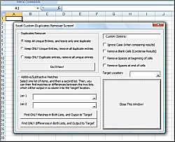 Click for a larger image of the Excel Unique and Duplicates Data Remover and Deleter Plus Excel List Comparison Removal software!