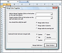 Click for a larger image of the Excel Merge Cells to merge join and combine two or more cells in excel with dividers software!