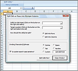 Click for a larger image of the Excel Split Cells Function to divide into multiple rows or multiple columns software!