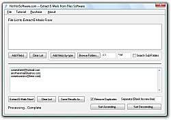 Click for a larger image of the E-Mail Extraction software to get e-mail addresses from text files, HTML files, and other files software!