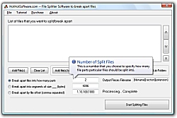 Click for a larger image of the File Splitter to split or separate two or several, multiple Files Into many Software software!