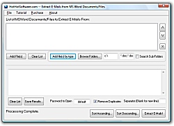 Click for a larger image of the MS Word Extract E-Mail Addresses from Multiple Files and Documents software!