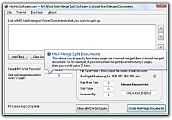 Click for a larger image of the MS Word Mail Merge Split Software to divide Mail Merged Documents software!