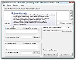 Click for a larger image of the MS Word Add Append Change Headers and or Footers to Multiple Word Documents software!