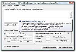 Click for a larger image of the MS Word Split, Divide and Save Pages into Separate or Multiple Files software!