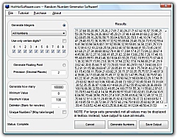 Click for a larger image of the Random Number Generator to create random number sequences software, random integers and random floating point numbers software!