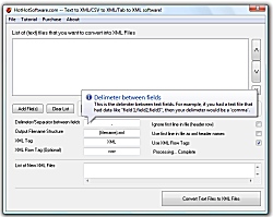 Click for a larger image of the Text to xml, tab to xml, csv to xml software to convert text,csv, and tab delimited files to xml software!